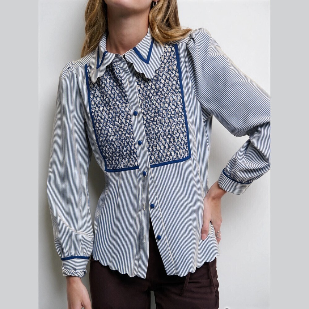 Blue Striped Smocked Bib Scalloped Collar Long Sleeve Button Blouse